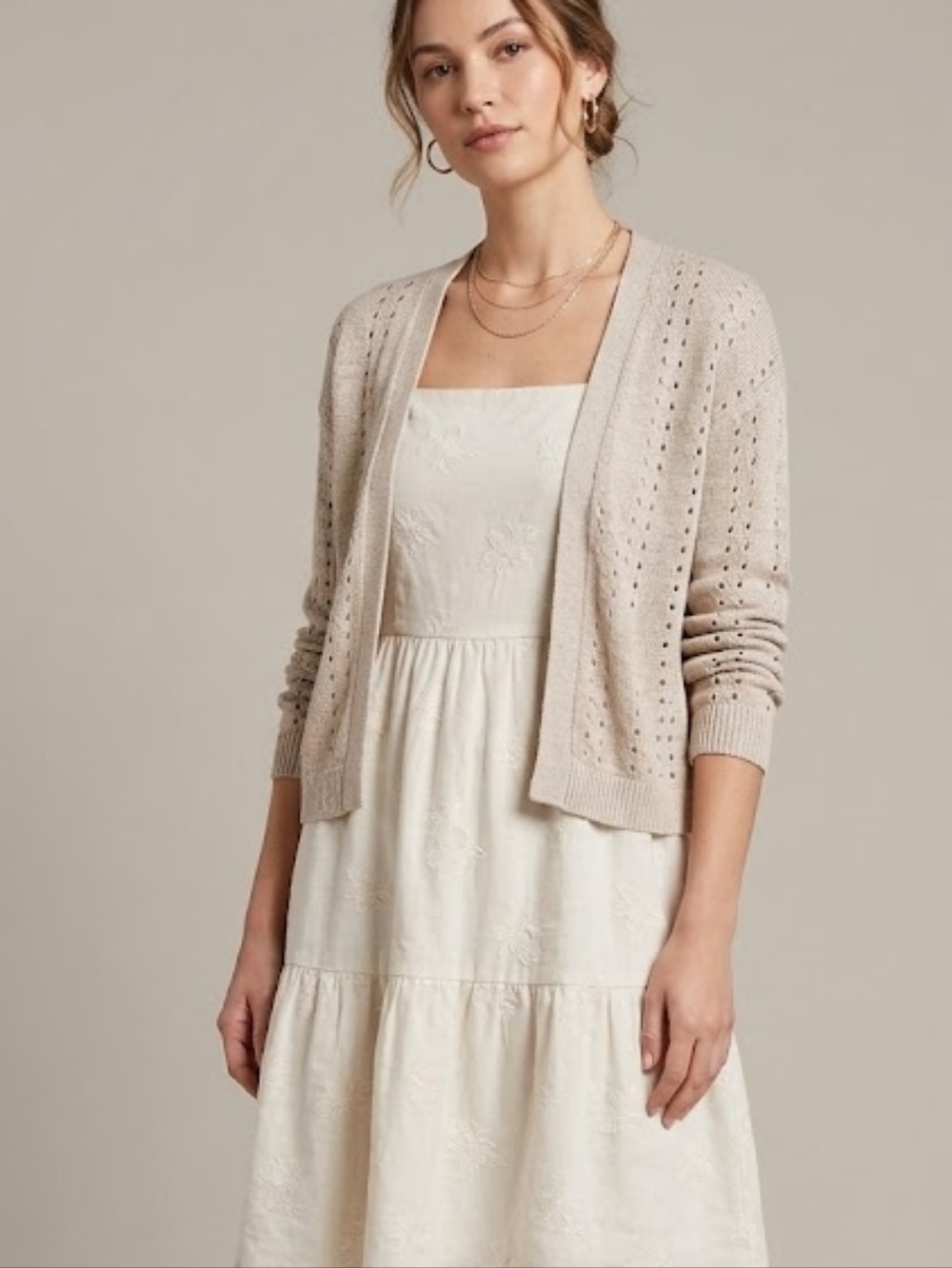 Banana Republic Ecru Beige Open Knit Cardigan 100% Linen S Pointelle Crochet